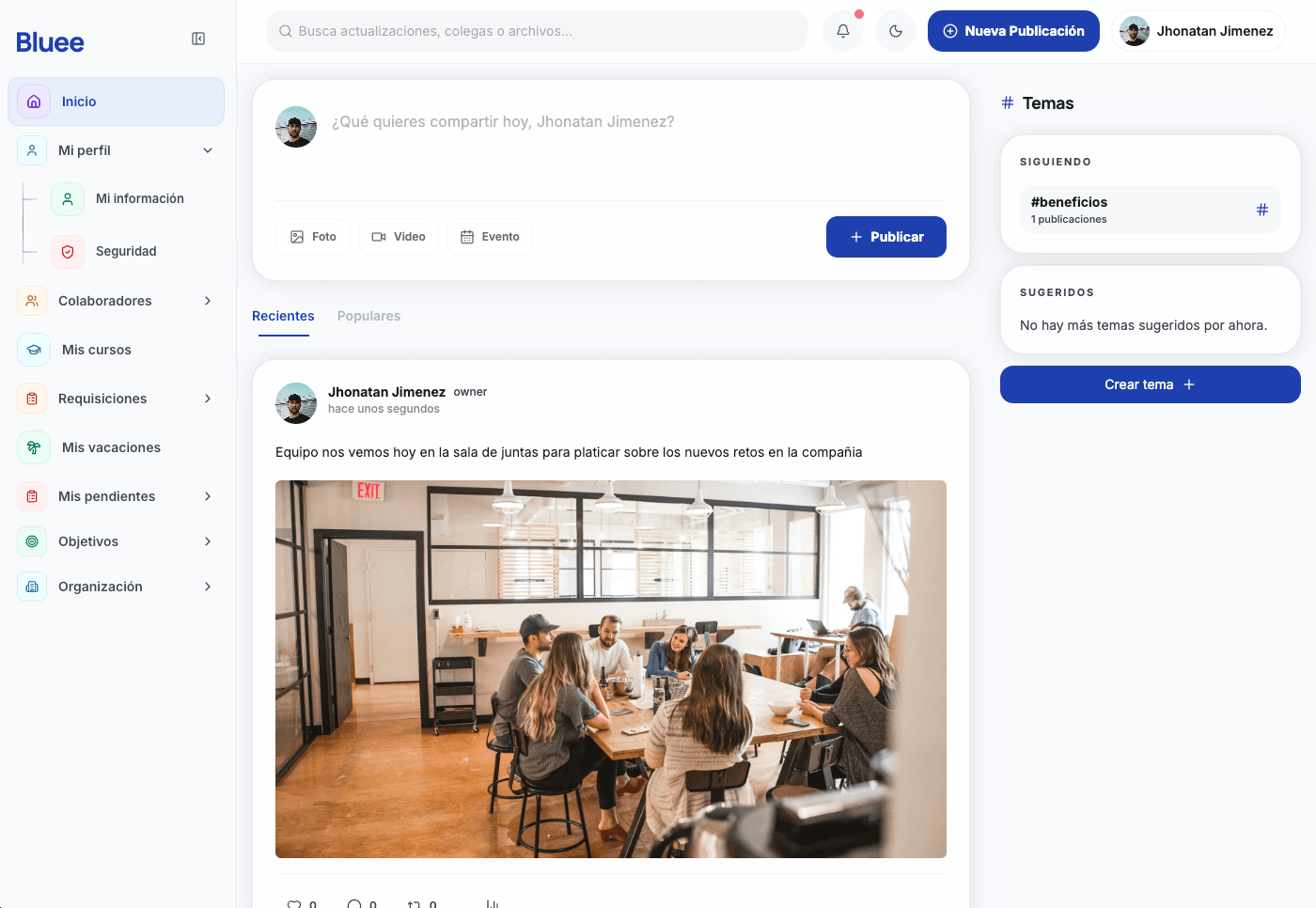 Dashboard de red social interna de Bluee