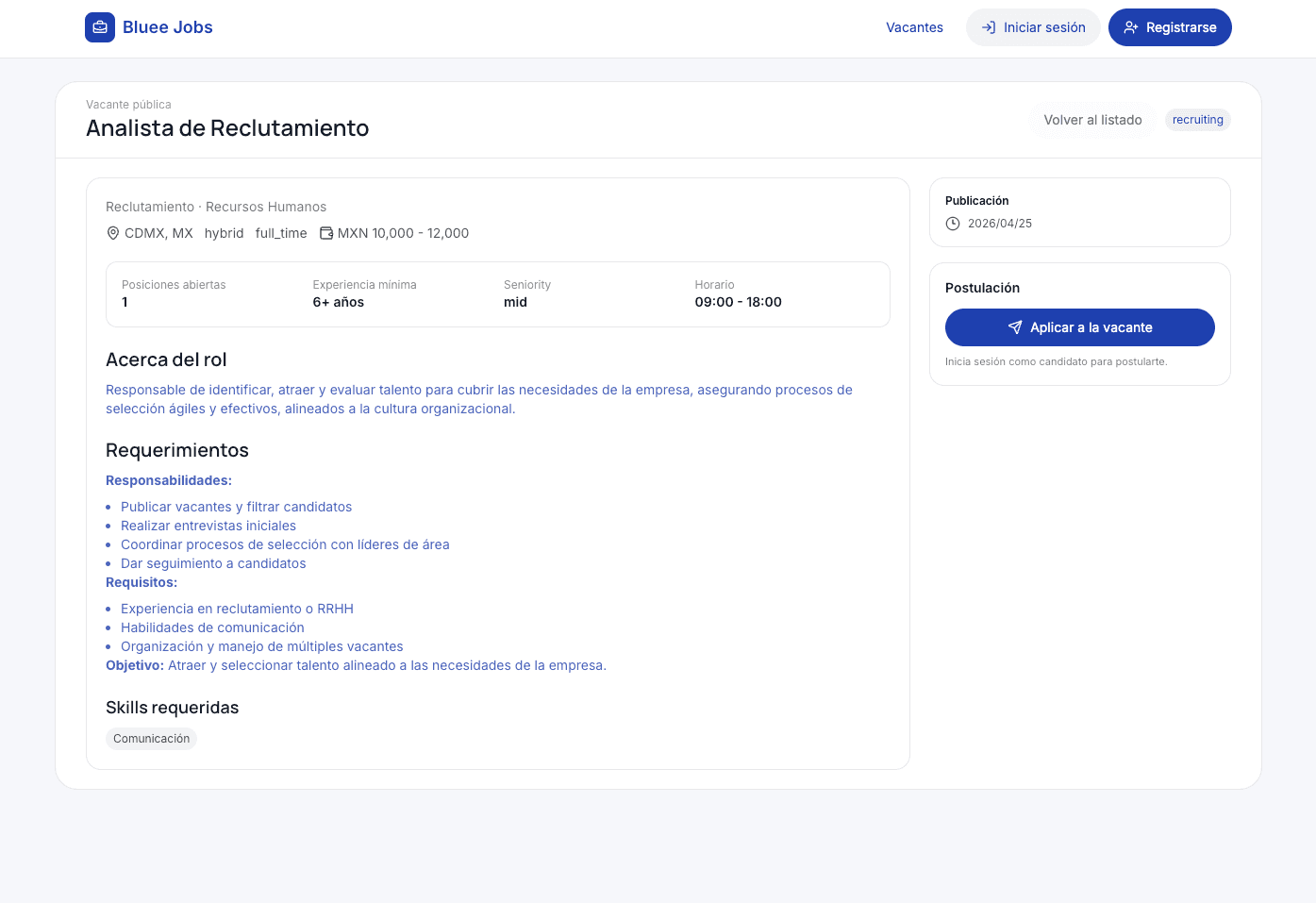 Pantalla de vacante pública en Bluee Jobs